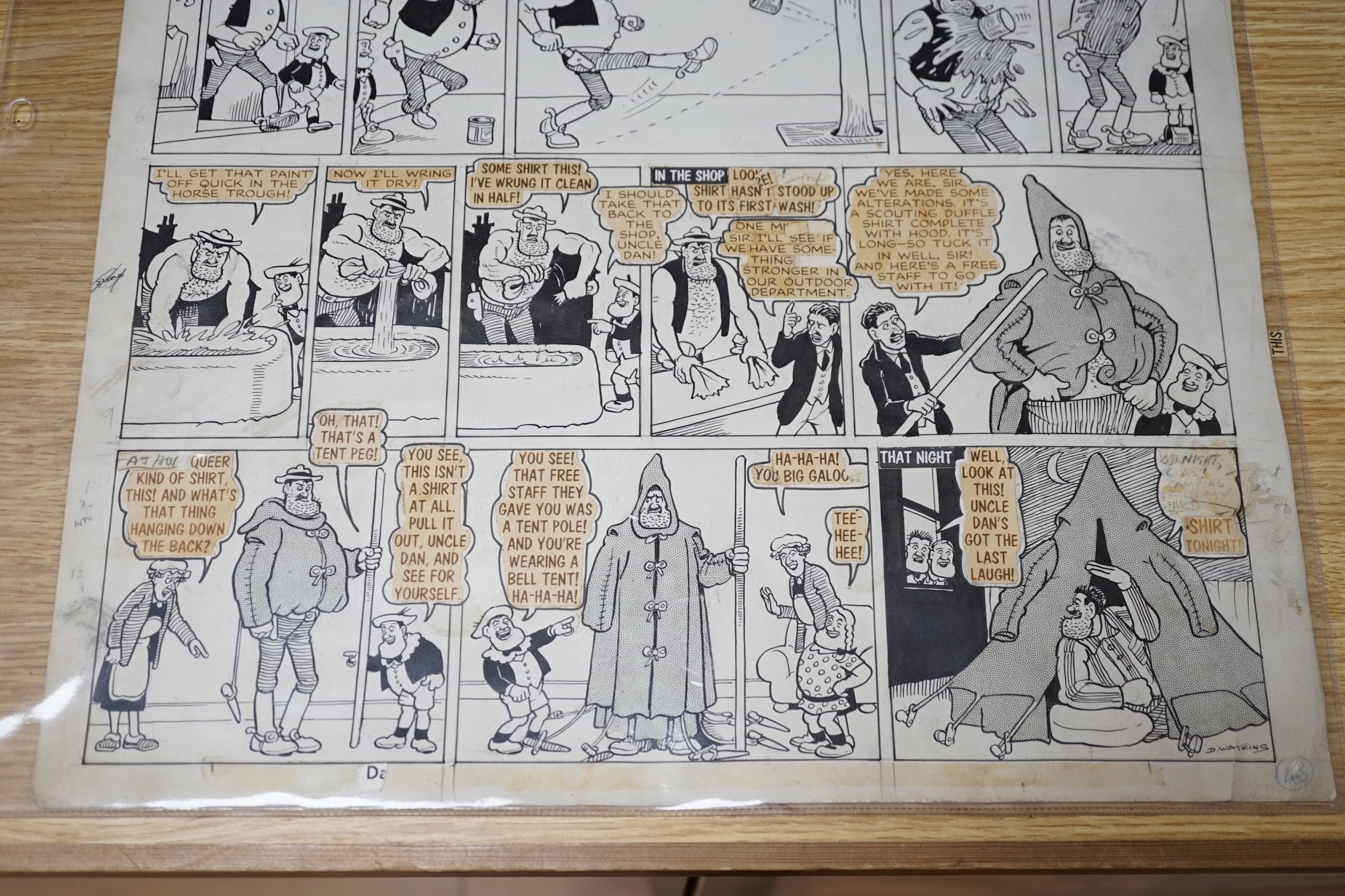 An original Desperate Dan artwork, signed by Dudley Watkins, 1961, for Dandy comics, 60.5cms high x 39cms wide